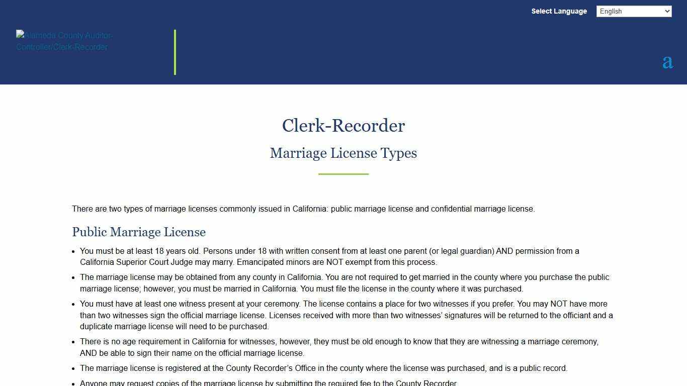 Marriage License Types Clerk-Recorder Alameda County Alameda County Auditor-Controller/Clerk-Recorder