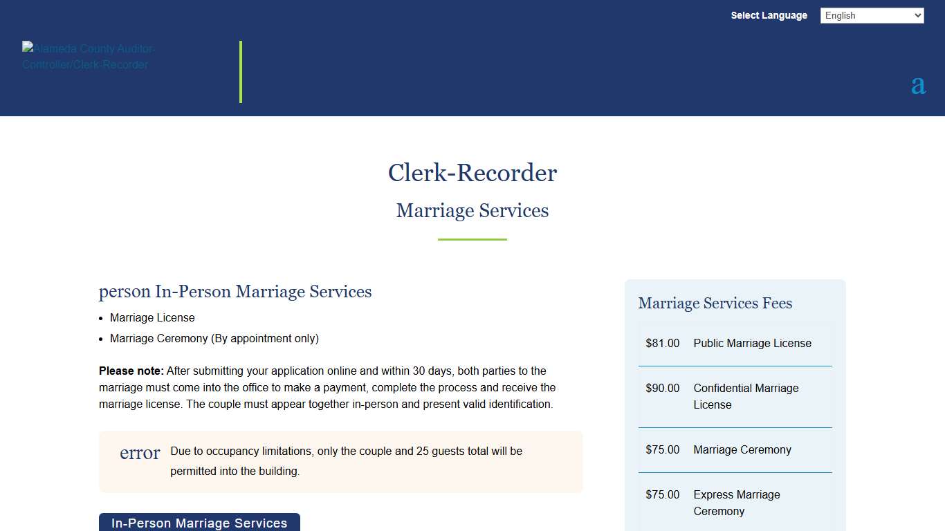 Marriage Services Clerk-Recorder Alameda County Alameda County Auditor-Controller/Clerk-Recorder